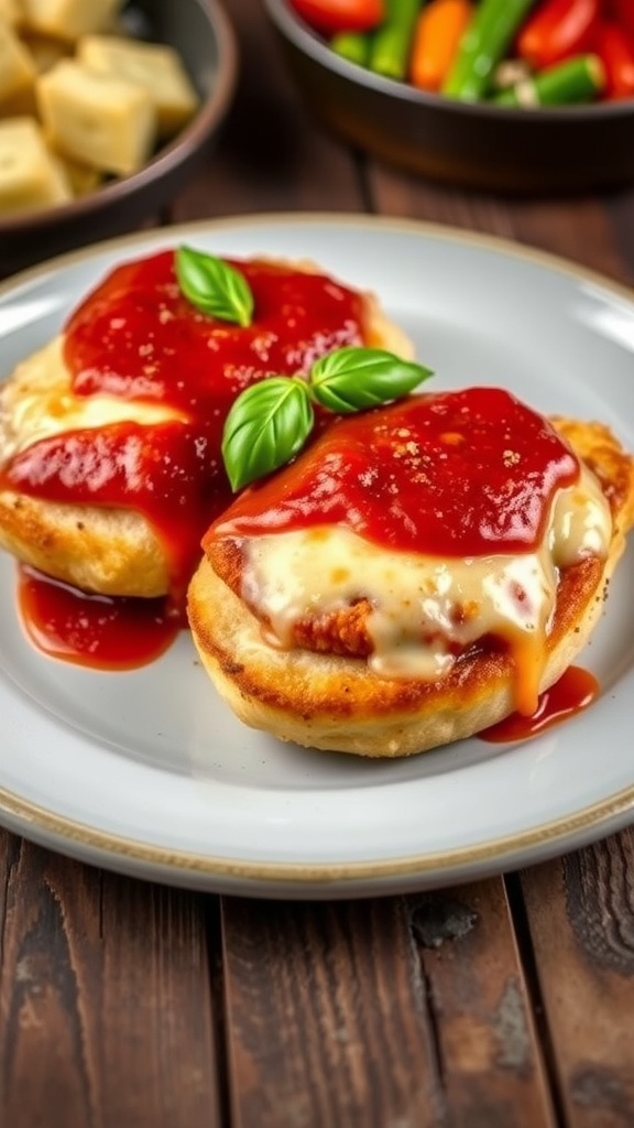 Whole30 Chicken Parmesan Recipe Whole30 Chicken Parmesan with marinara sauce and dairy-free cheese, garnished with basil, on a wooden table.
